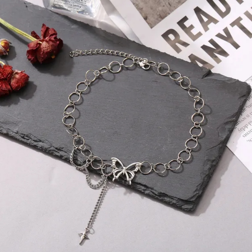 Butterfly Choker Pendant Drop Star Cross Round Chain Silvertone Boho 14"+ 2" ext - Picture 5 of 17